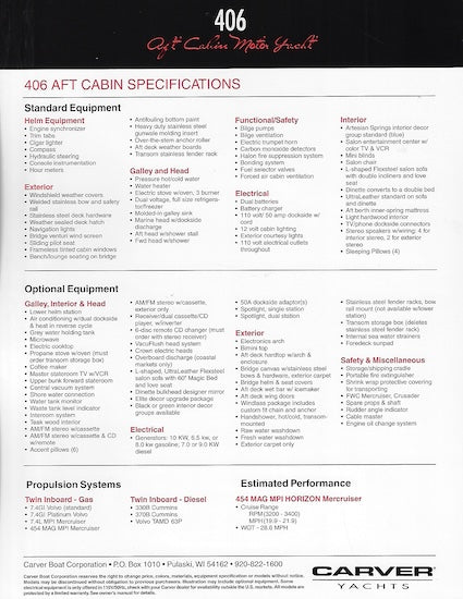 Carver 406 Aft Cabin Motor Yacht Specification Brochure