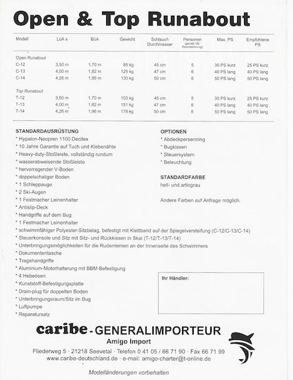 Caribe Runabouts Specification Brochure