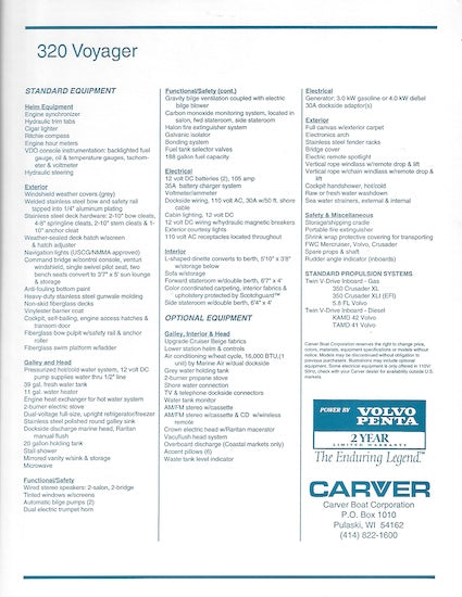Carver 320 Voyager Specification Brochure
