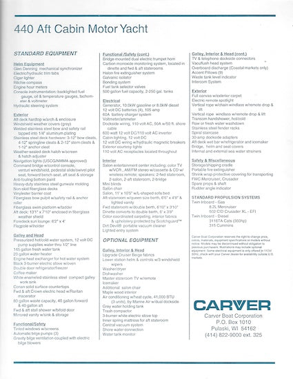 Carver 440 Aft Cabin Motor Yacht Specification Brochure