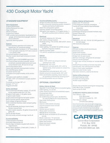 Carver 430 Cockpit Motor Yacht Specification Brochure