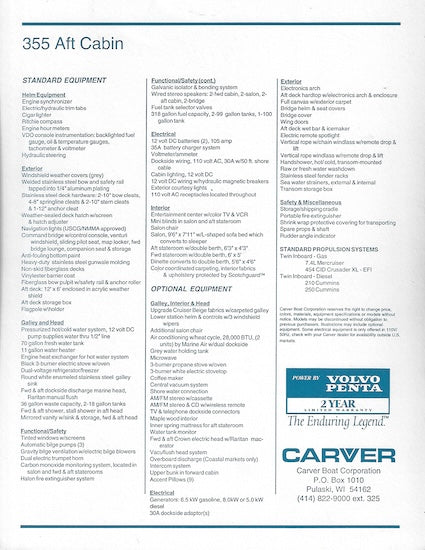 Carver 355 Aft Cabin Specification Brochure