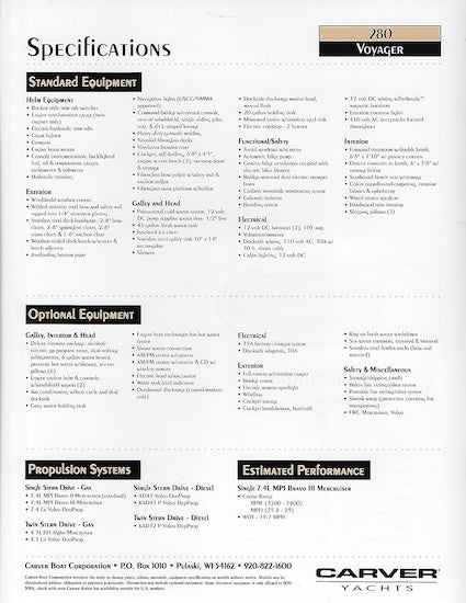 Carver 280 Voyager Specification Brochure