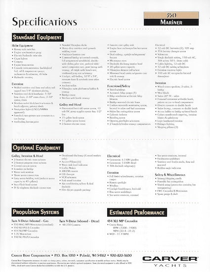 Carver 350 Mariner Specification Brochure