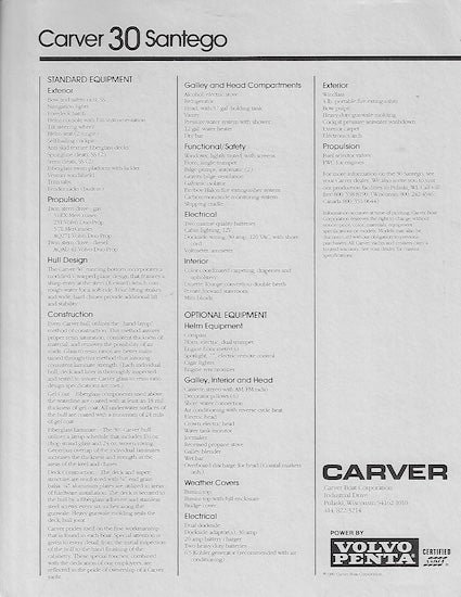 Carver 30 Santego Specification Brochure