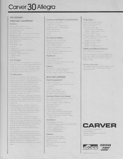 Carver 30 Alegra Specification Brochure