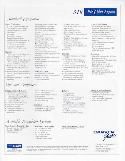Carver 310 Mid-Cabin Express Specification Brochure