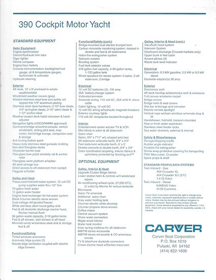 Carver 390 Cockpit Motor Yacht Specification Brochure
