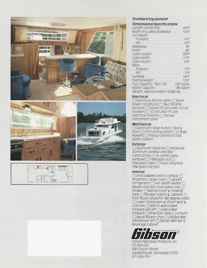 Gibson 44 Houseboat Specification Brochure