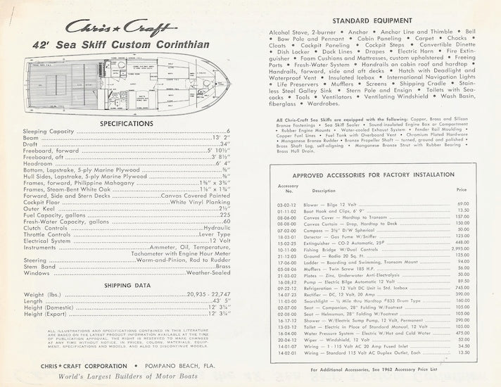 Chris Craft Sea Skiff 42 Custom Corinthian Specification Brochure