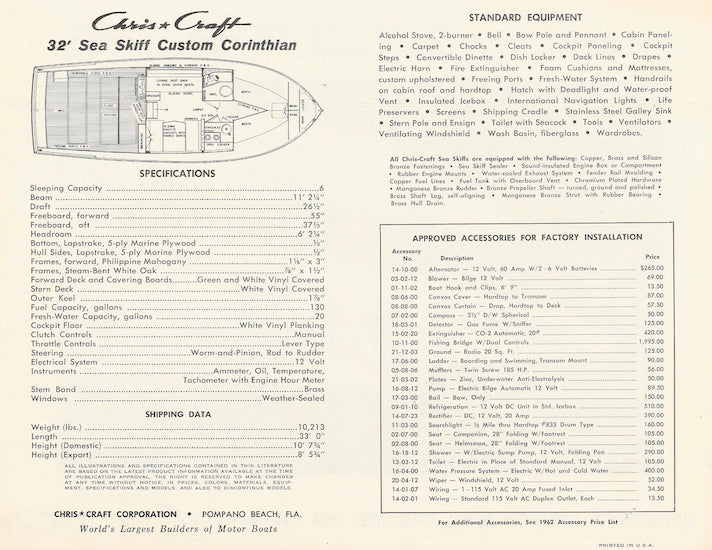 Chris Craft Sea Skiff 32 Custom Corinthian Specifiction Brochure