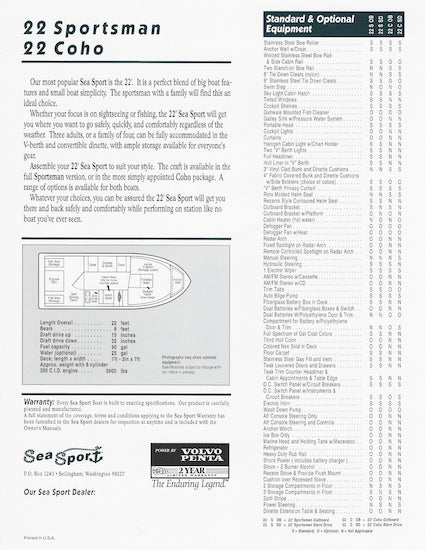Sea Sport Sportsman / Coho 22 Specification Brochure