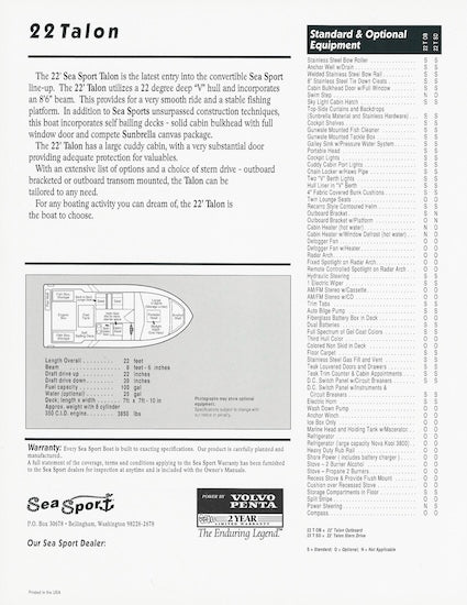 Sea Sport Talon 22 Specification Brochure