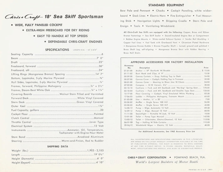 Chris Craft Sea Skiff 18 Specification Brochure