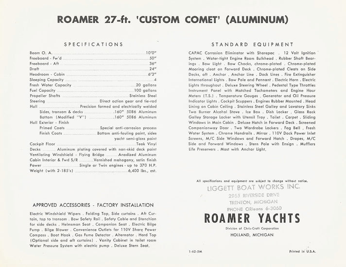 Chris Craft Roamer Custom Comet 27 Specification Brochure