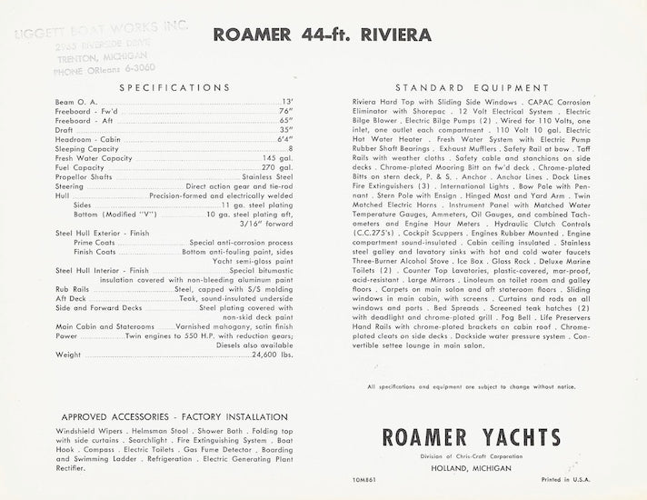 Chris Craft Roamer Riviera 44 Specification Brochure