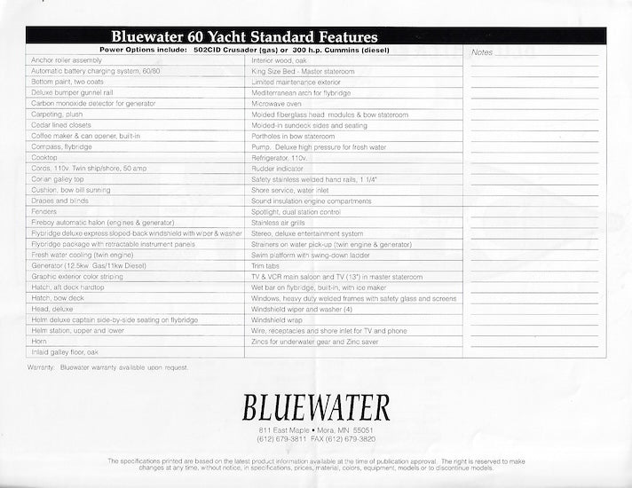 Bluewater 60 Yacht Specification Brochure