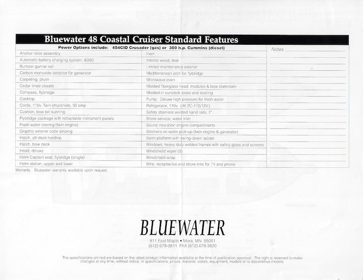 Bluewater 48 Coastal Cruiser Specification Brochure