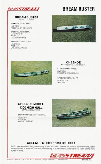Glasstream Streaker 1430 / Juan 1400J / Cheenow / Bream Buster Specification Brochure