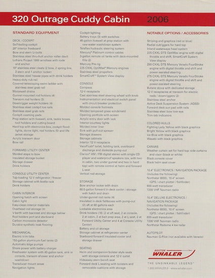 Boston Whaler 320 Outrage Cuddy Cabin Specification Brochure