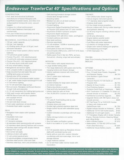 Endeavour TrawlerCat 40 Specification Brochure