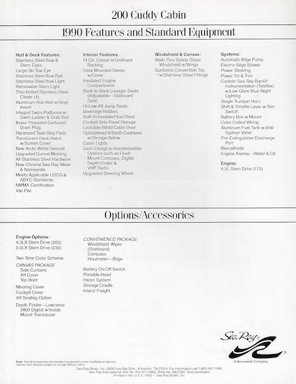 Sea Ray 200 Cuddy Cabin Specification Brochure