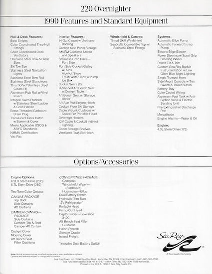 Sea Ray 220 Overnighter Specification Brochure