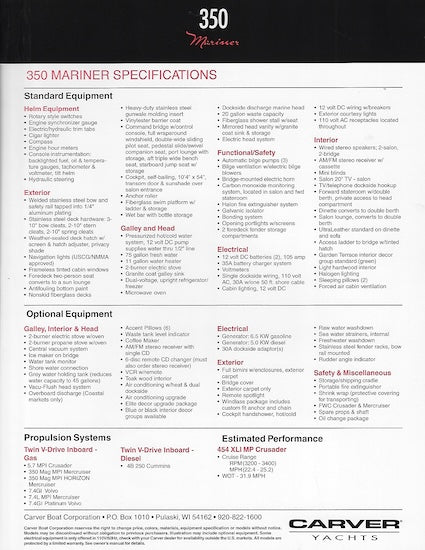 Carver 350 Mariner Specification Brochure