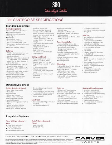 Carver 380 Santego SE Specification Brochure