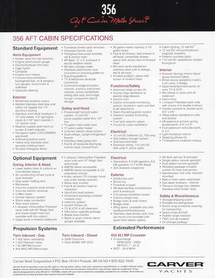 Carver 356 Aft Cabin Specification Brochure