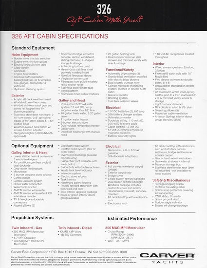 Carver 326 Aft Cabin Specification Brochure