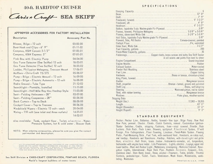 Chris Craft Sea Skiff 40 Hardtop Cruiser Specification Brochure