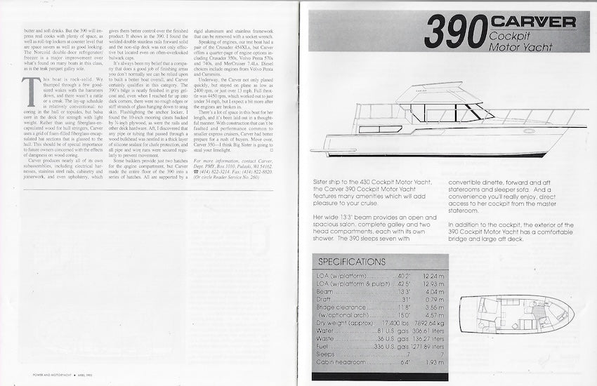 Carver 390 Cockpit Motor Yacht Power & Motoryacht Magazine Reprint Brochure