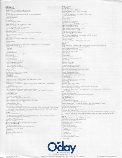 O'Day 1978 Cruisers Price List Brochure