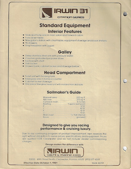 Irwin Citation 31 Specification Brochure