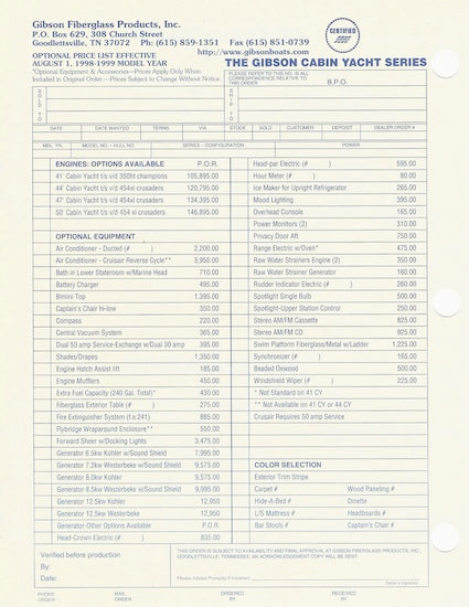 Gibson Cabin Yacht Series Specification Brochure