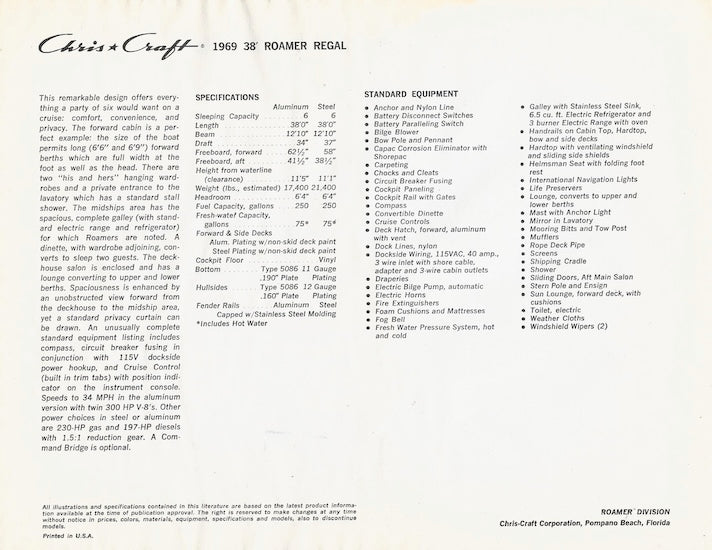 Chris Craft Roamer 38 Regal Specification Brochure