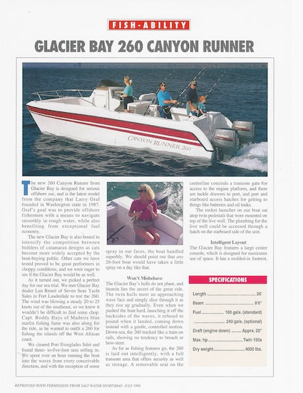 Glacier Bay 260 Canyon Runner Sport Fishing Magazine Reprint Brochure