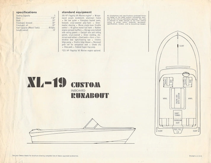 Owens XL-19 Custom Inboard Runabout Specification Brochure