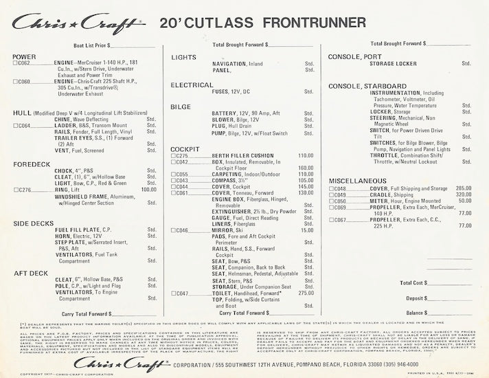 Chris Craft 20 Cutlass Frontrunner Specification Brochure