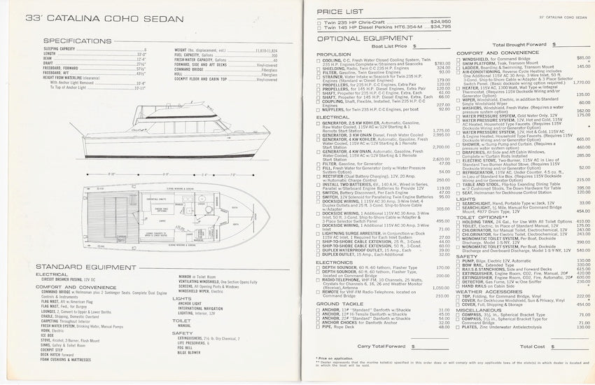 Chris Craft 1972 Catalina Specification and Price Brochure