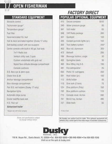 Dusky 17 Open Fisherman Specification Brochure