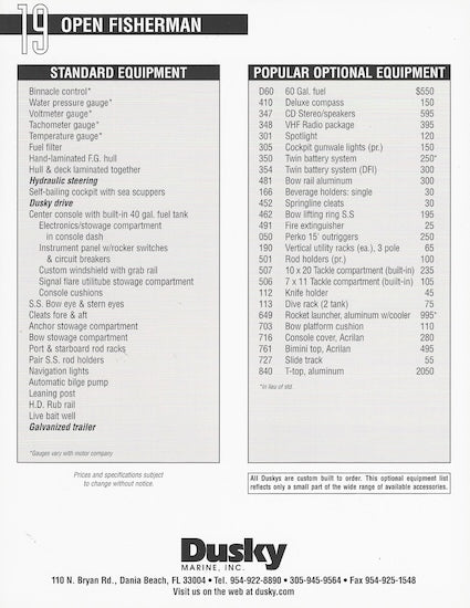Dusky 19 Open Fisherman Specification Brochure