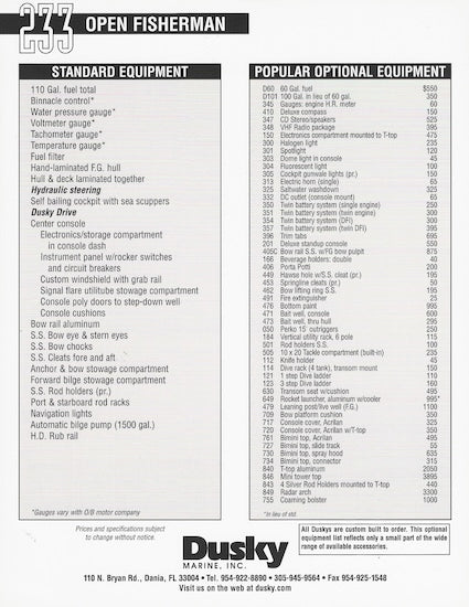 Dusky 233 Open Fisherman Specification Brochure
