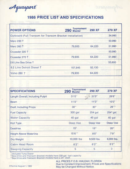 Aquasport 1986 Express Fisherman Brochure