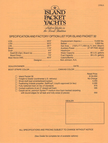 Island Packet 32 Specification Brochure