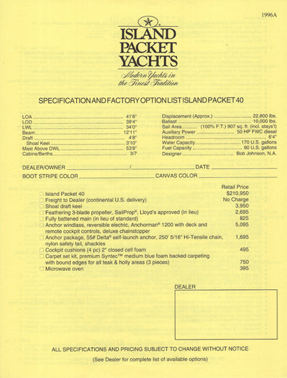 Island Packet 40 Specification Brochure