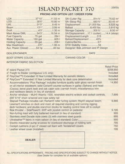 Island Packet 370 Specification Brochure