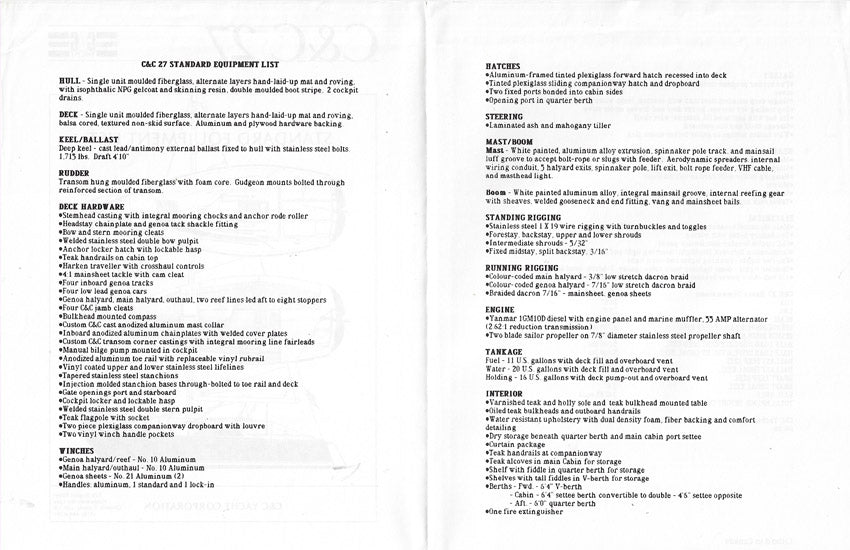 C&C 27 Mark V Specification Brochure