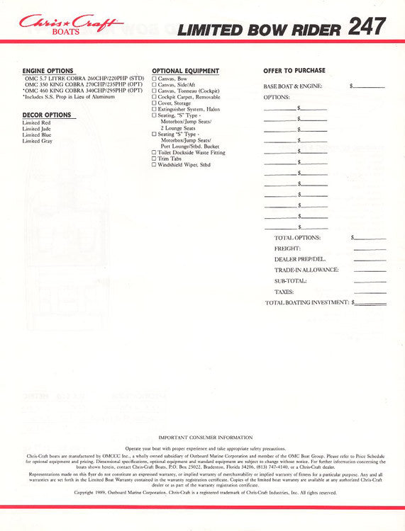 Chris Craft 247 Limited Bowrider Specification Brochure